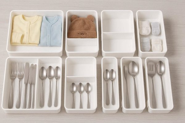 Multipurpose Expandable Drawer Organizers for Nursery Baby Clothes and Kitchen Cutlery Set of 8 Versatile White Plastic Dividers