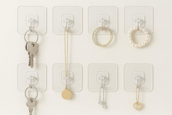 Small Adhesive Wall Hooks for Hanging Keys and Jewelry Set of 8 Waterproof Clear Hooks for Bathroom Kitchen