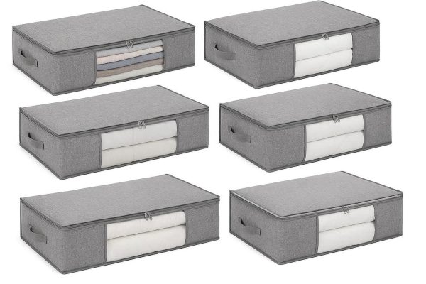 Set of 6 Underbed Storage Containers with Reinforced Handles and Clear Windows for Clothes Blankets Comforters Grey Fabric