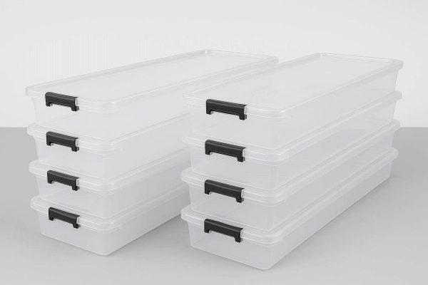 Plastic Underbed Storage Boxes with Lids and Secure Buckles Set of 6 Clear Slim Containers for Wrapping Paper Shoes
