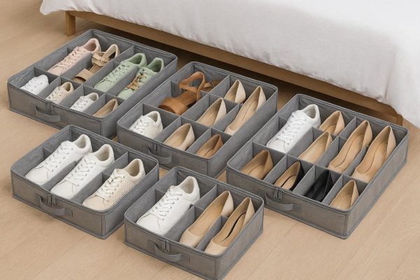 Breathable Underbed Shoe Storage Organizer Set of 6 Foldable Soft Fabric Bags with Adjustable Dividers for Sneakers and Heels